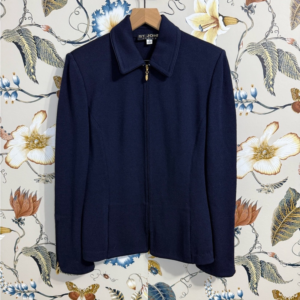 St John Basics Jacket Blazer Santana Knit Navy Blue Full Zip Sz 10 Printed Cuffs